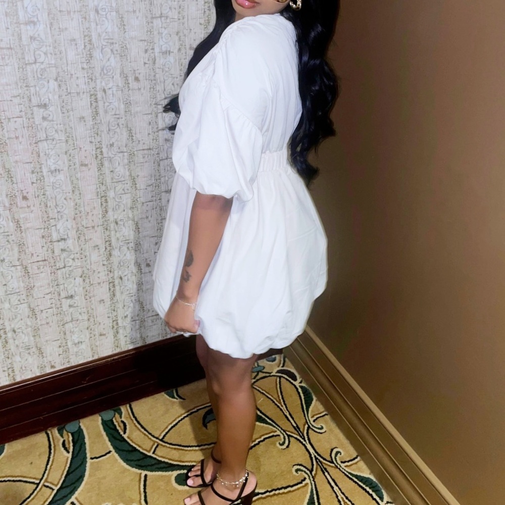 Deep V-Neck Puff Dress